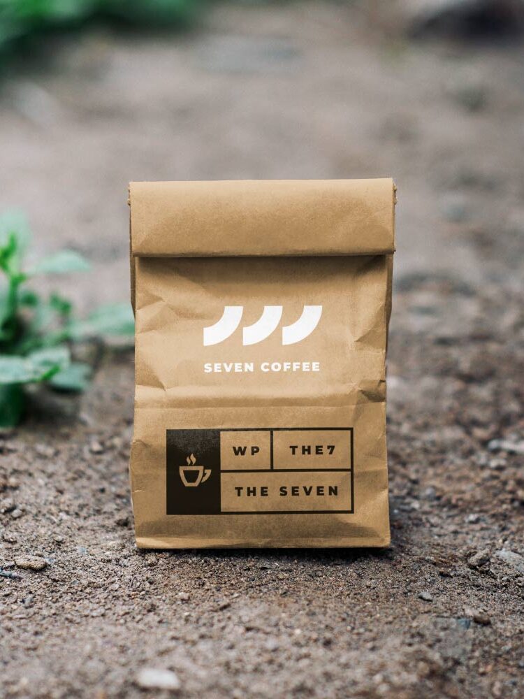 A brown bag sitting on the ground with some plants in it