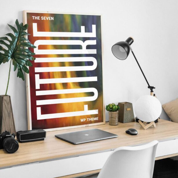 A poster on the wall of a room with a laptop and camera.