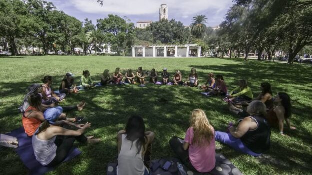 A group of people sitting in the grass.