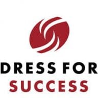 A red and black logo for dress for success