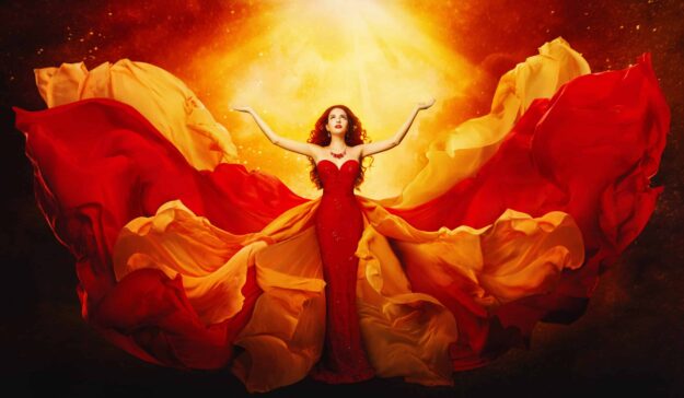 A painting of a woman in red dress