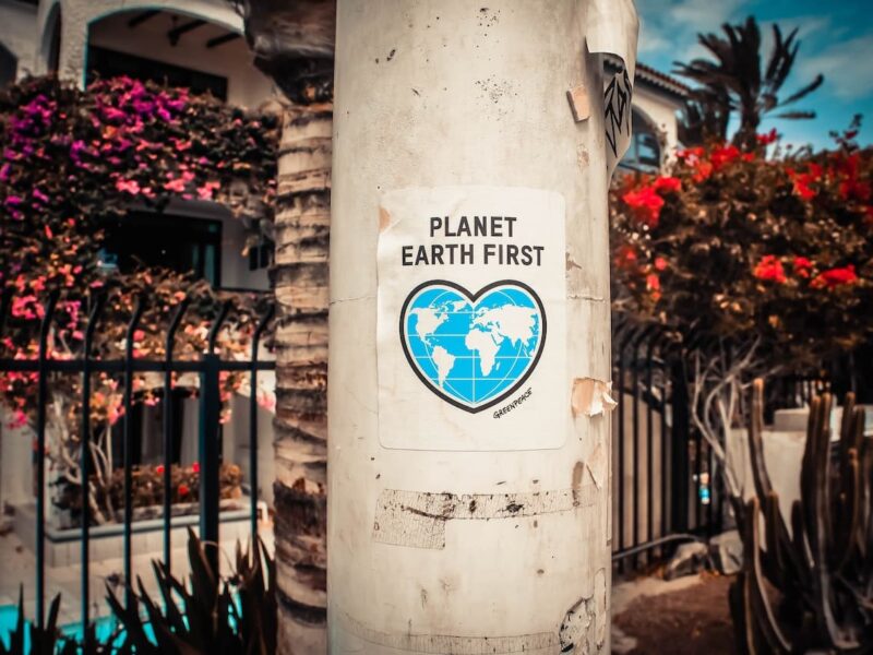 A pole with a sticker on it that says planet earth first.