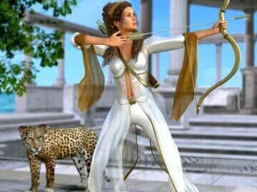 Artemis, enchanting Ancient Greek goddess of the hunt, in shooting pose with bow and arrow, 3d render painting